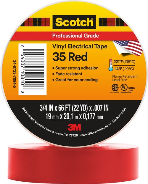 Scotch Vinyl Color Coding Electrical Tape 35, 3/4 in x 66 ft, Red