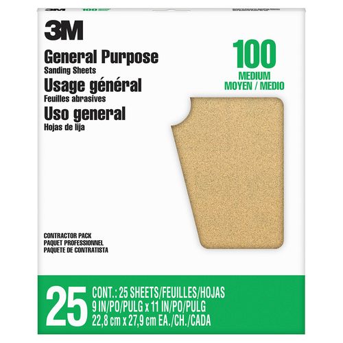 3M General Purpose Sanding Sheets, 9 in x 11 in, 100 grit, 25 pcs/pk