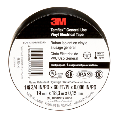 3M™ Temflex Vinyl Electrical Tape, 3/4 in x 60', Black