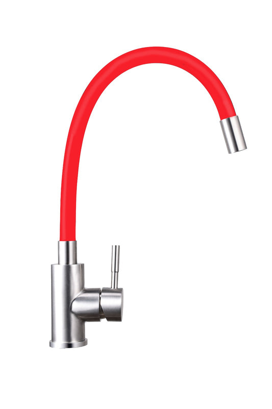 Single Lever Kitchen Mixer w/flexible spout red color, stainlees steel finish
