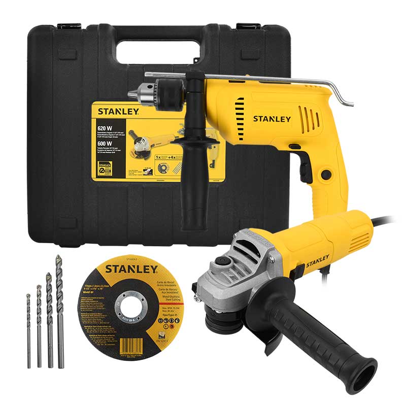 Set 600W Hammer Drill, 620W Angle Grinder with 4 1/2" Disc Abrassive and 4 Drill Bit Kit