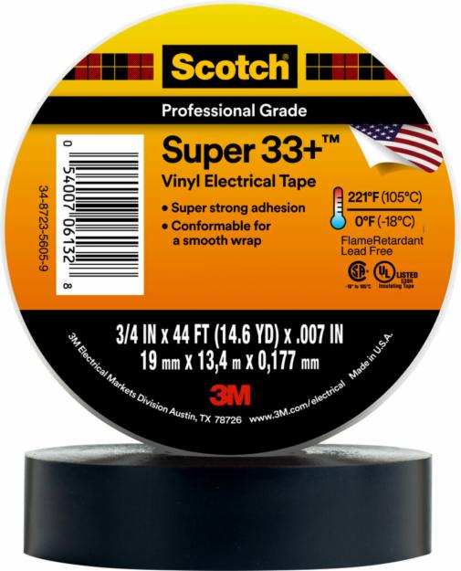 Scotch® Super 33+ Vinyl Electrical Tape, 3/4 in x 44 ft, Black